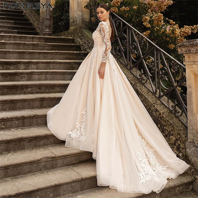 RODDRSYA abito da diserbo a maniche lunghe in pizzo Vintage bottone senza schienale Tulle a-line abito da sposa Appliques Vestido De Novia Custom Made Pizzo Maniche Lunghe Weeding Dress Vintage Backless Button Tulle A-