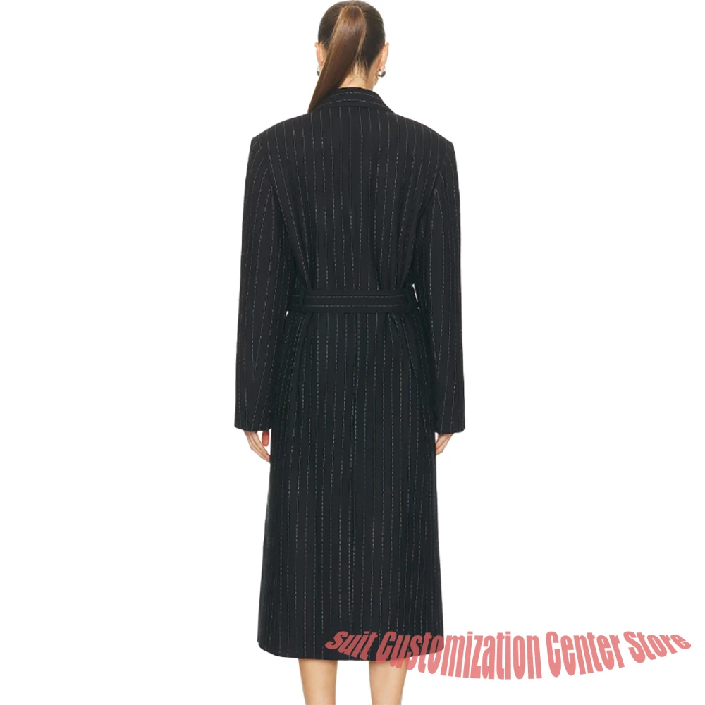 Women's Black Pinstripe Belted Long Jacket Classic Peak Lapel Coat 1 Piece Set Winter Warm Casual Business Outerwears