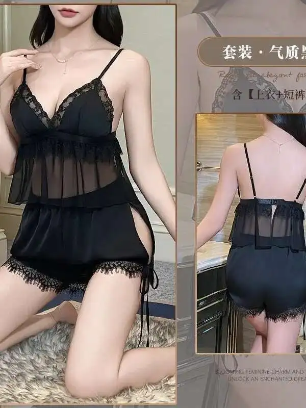 เซ็กซี่ลูกไม้ตาข่ายโปร่งใสสีทึบชุดกระโปรงBackless Deep V SuspendersกระโปรงแขนกุดชุดCharming Elegant Casual EFM4