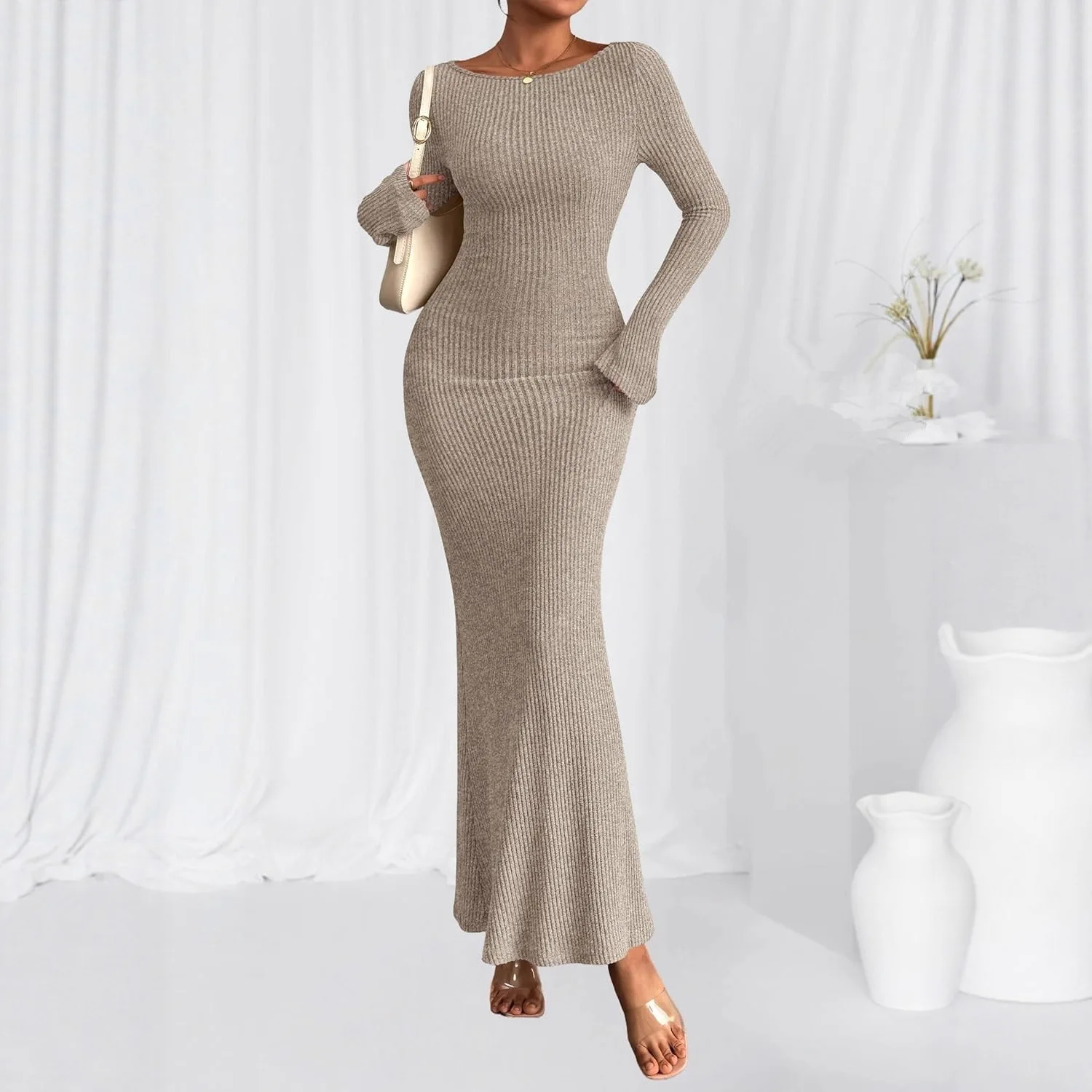 

2025 Autumn and Winter New Long Sleeved Round Neck Knitted Hip Hugging Dress for Women Commuting Long Skirt