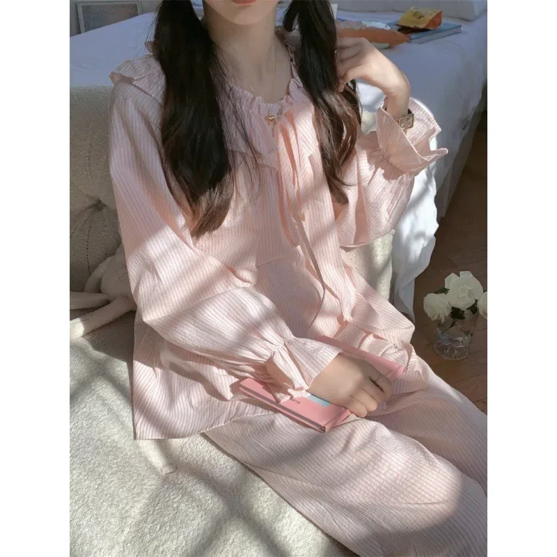 2024 New Spring Autumn Pajamas 2 Piece Set Women Korean Gentle Stripes Comfortable Long Sleeve Pants Suit Leisure Loose Homewear