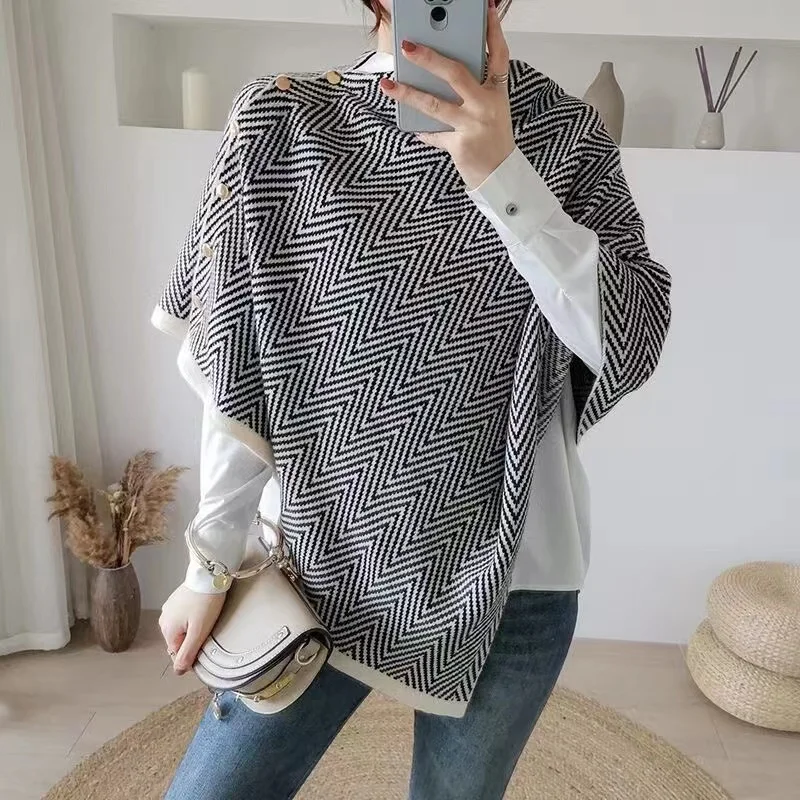 MoriBty Winter Knitted Scarf Women Luxury Striped Metal Button Shawl Wraps Multifunction Poncho Cashmere Bufandas Mujer Pashmina