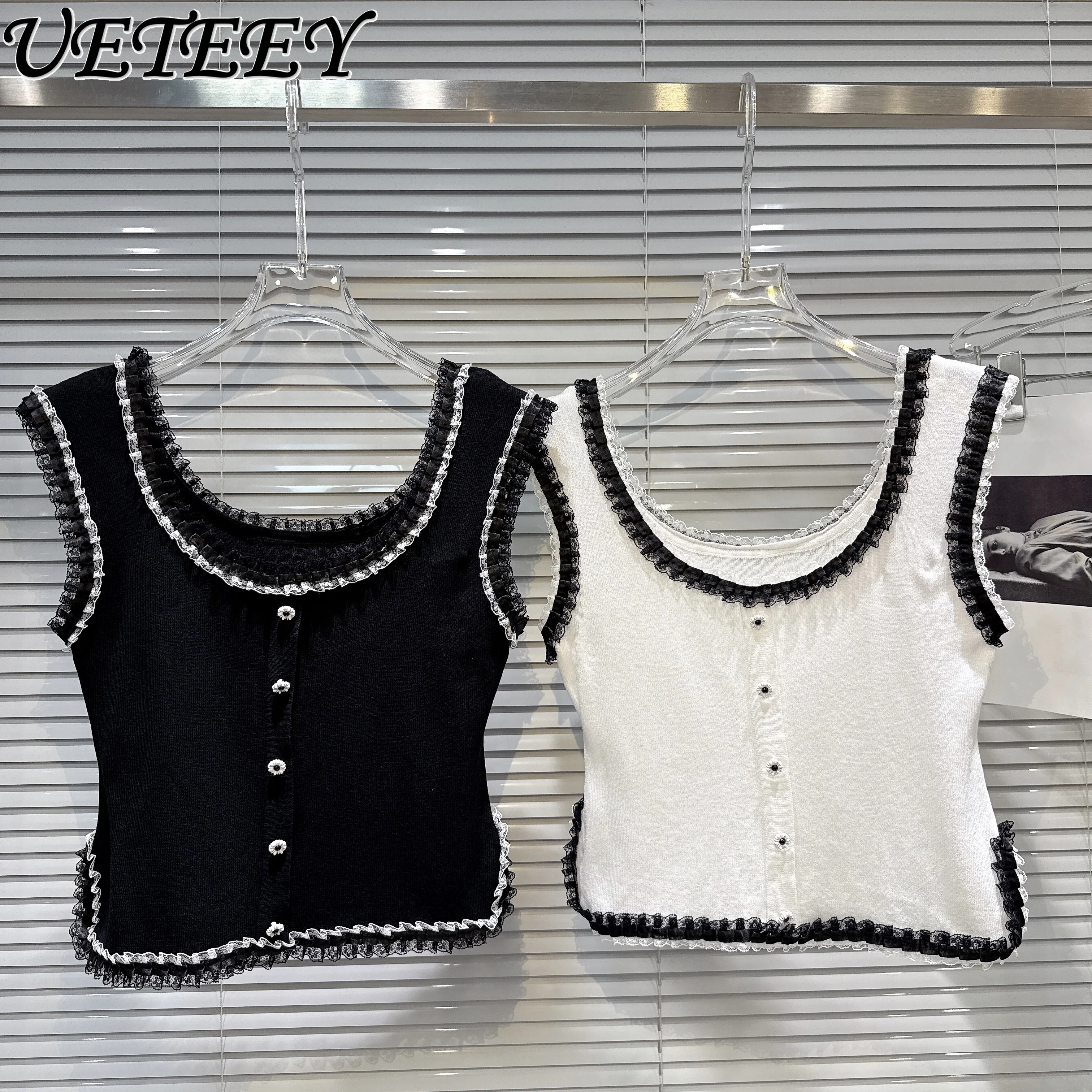 

2025 Summer New Niche Sweet U-neck Lace Color Lace Knitted Sling Vest Women's Crop Tops Fashion Tank Top Women Y2k Accessories