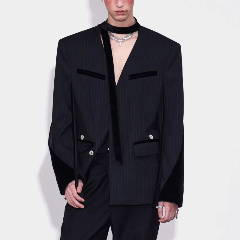 WVGA Autumn Winter New Man Tide Striped Patchwork Trendy Long Sleeve Suit Jackets Nihce Chic Casual V-neck Blazer Ins Y2K W14843