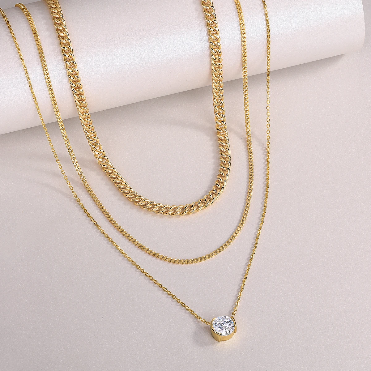 IsRainy 18K Gold Plated 925 Silver 3CT Round Cut Moissanite Necklace, GRA Certified Multi-Layer Chain, Jewelry Gift for Women