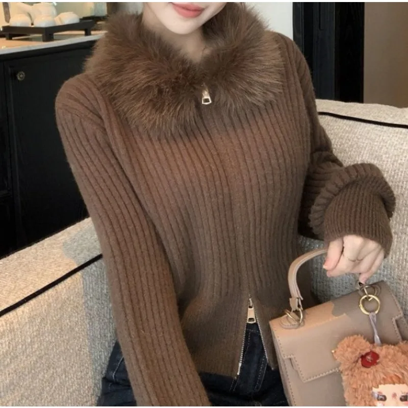 

Осень-зима 2025 г., новый кардиган на молнии, свитер-пальто для женщин, вязаный топ с воротником-стойкой