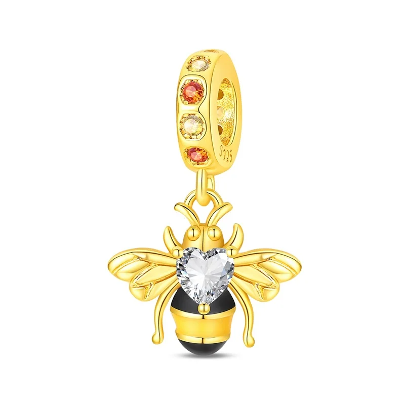 

925 Sterling Silver Gold Bee Charms Pendant Sparkling Colorful Zirconium Dangle Fit 3mm Original Bracelet DIY Women Jewelry