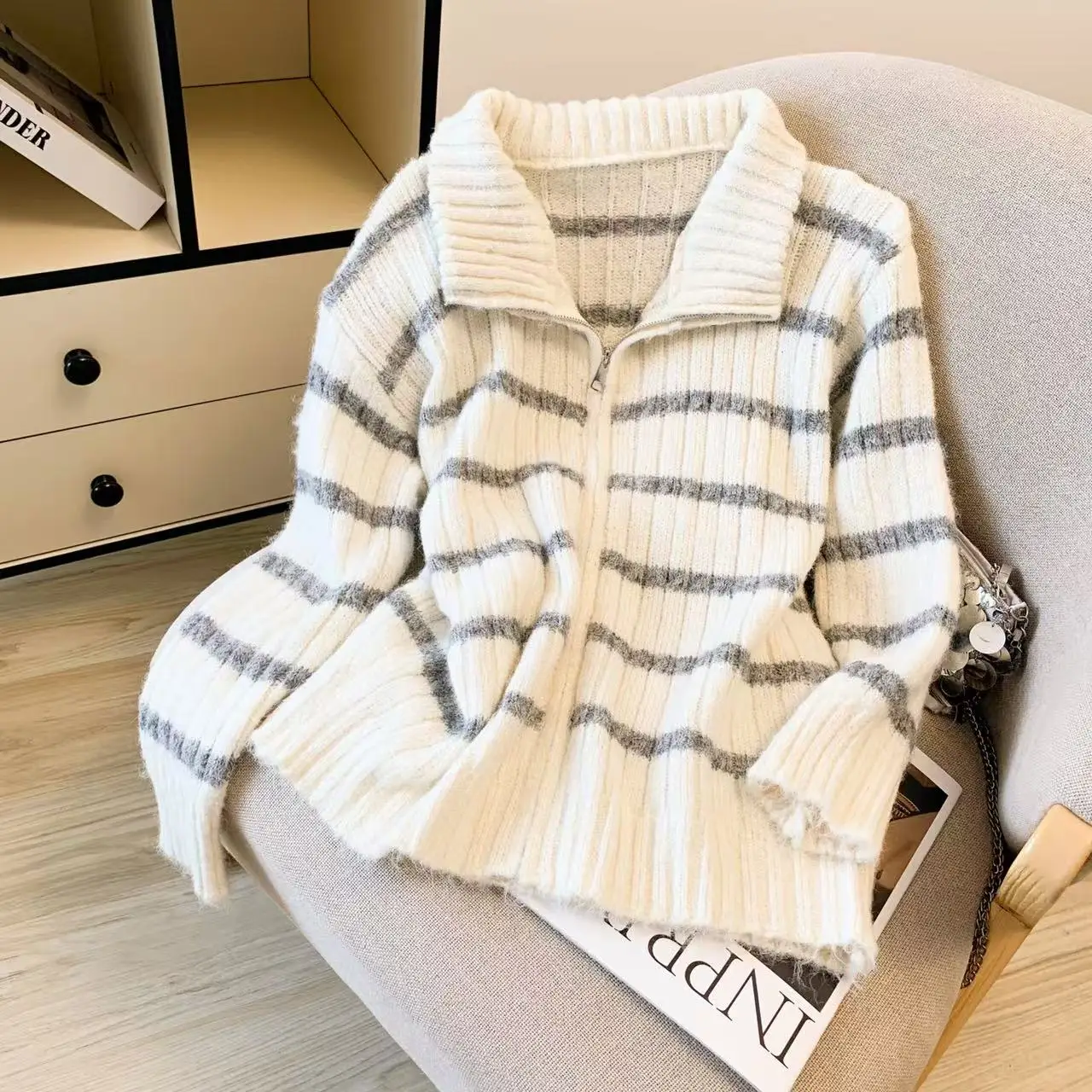 الرجعية كسول Sle فضفاض مخطط سترة مشغولة من الصوف معطف الصوف الناعم العصرية ربيع الخريف الشتاء المرأة مستقيم أنبوب سترة