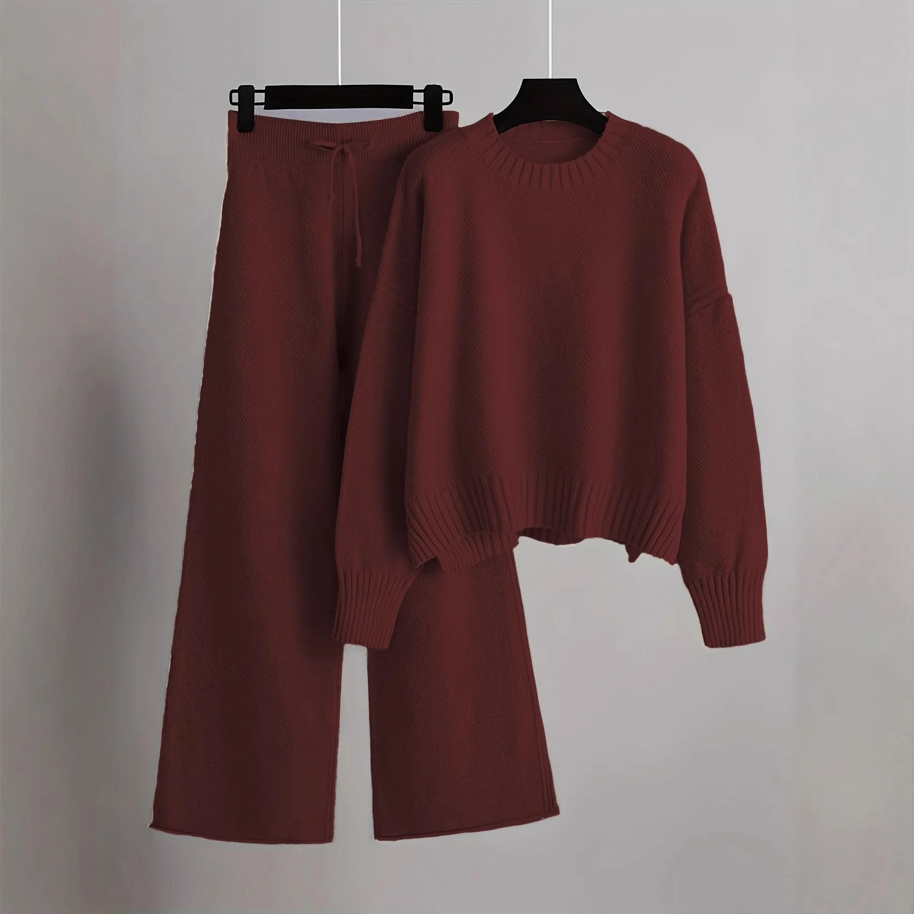 Conjunto de Calças de Perna Larga em Malha, Dois Peças, Moda de Inverno, Suéteres Quentes e Casuais para Mulheres