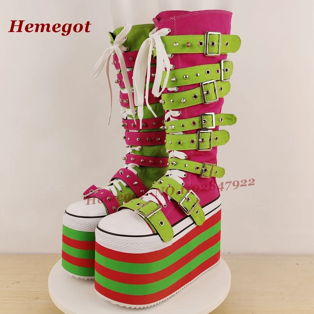 

Разноцветные готические сапоги до колена на платформе с заклепками, круглым носком, множеством пряжек и перекрестной шнуровкой, женские длинные сапоги на шнуровке в стиле Y2K Lolita