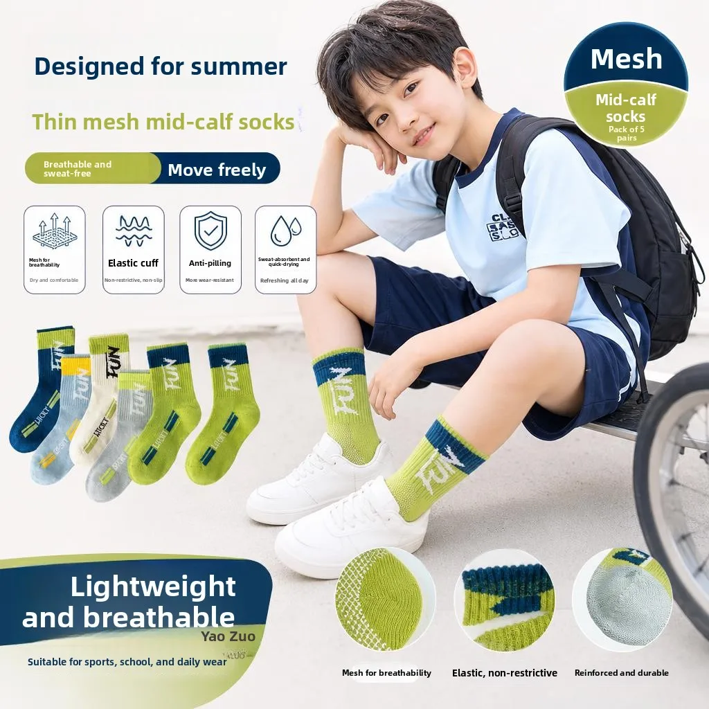 Breathable Mesh Thin Socks for Teenage Boys Summer Sports Socks Basketball Football Mid-Calf Anti-Odor Net Eye Design