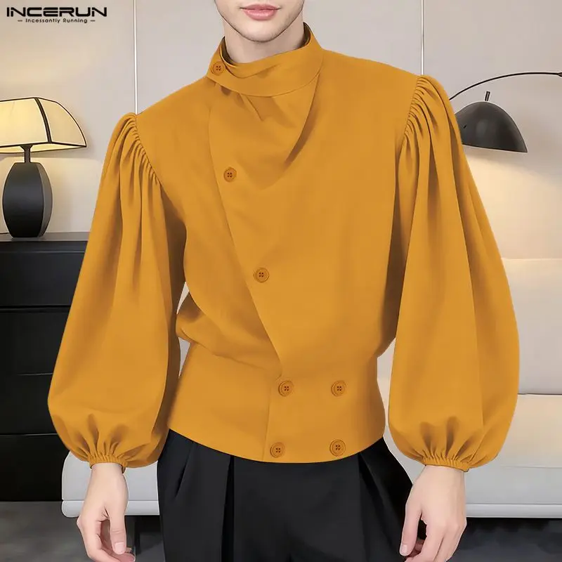 

INCERUN Мужская рубашка, однотонная рубашка с воротником-стойкой и пышным рукавом, повседневная мужская одежда, свободная уличная одежда, модные топы Camisas, мужские 2026