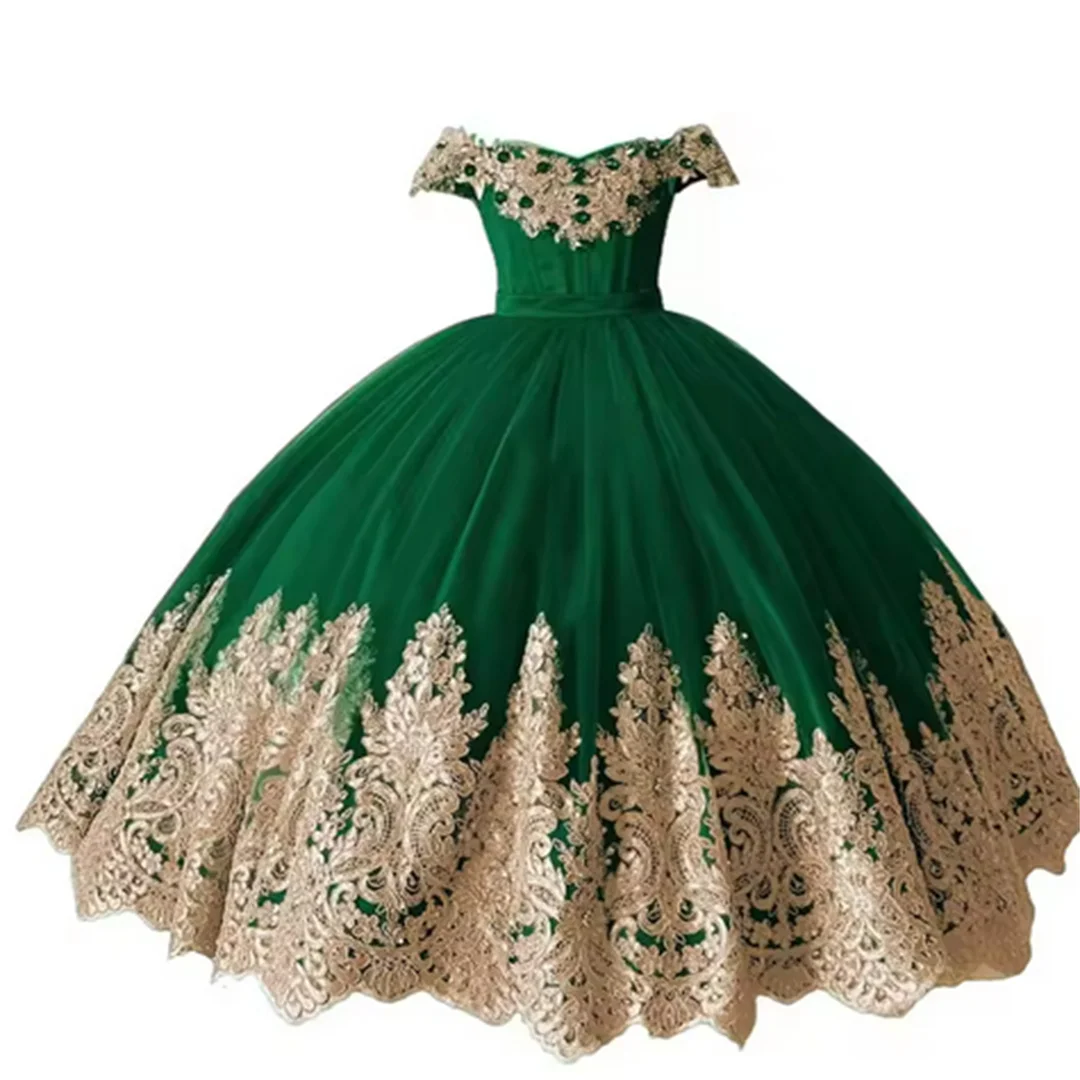 فستان طويل مكشوف الكتفين من التول مزين بالذهب الوردي الساخن للأميرة منتفخ لحفلات أعياد الميلاد وحفلات الزفاف والحفلات الراقصة