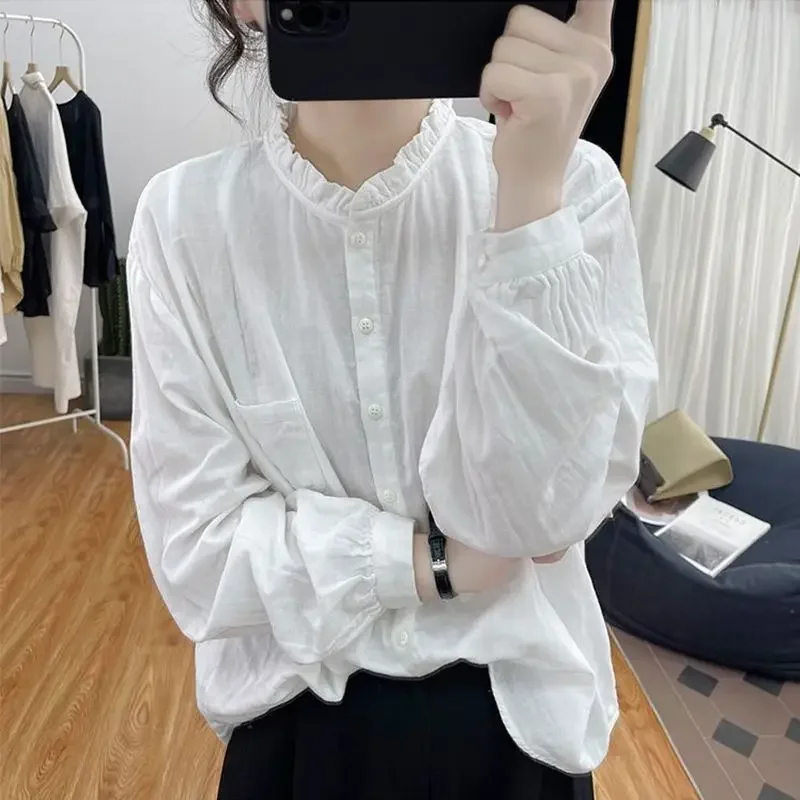 Womens Clothing New Ruffle Solid Vintage Cotton Linen Button Up Shirt Casual Streetwear Y2K Blouse Loose Long Sleeve Tops LJ580