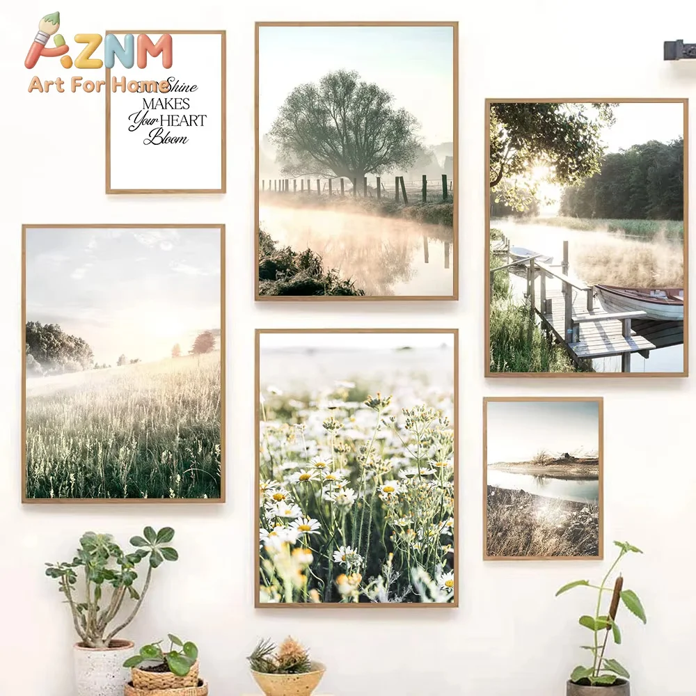 1PC Spring Lake Sunrise Poster Reed Grass Tree Landscape Wall Art Canvas Painting Nature Nordic Wall Print Living Room Decor