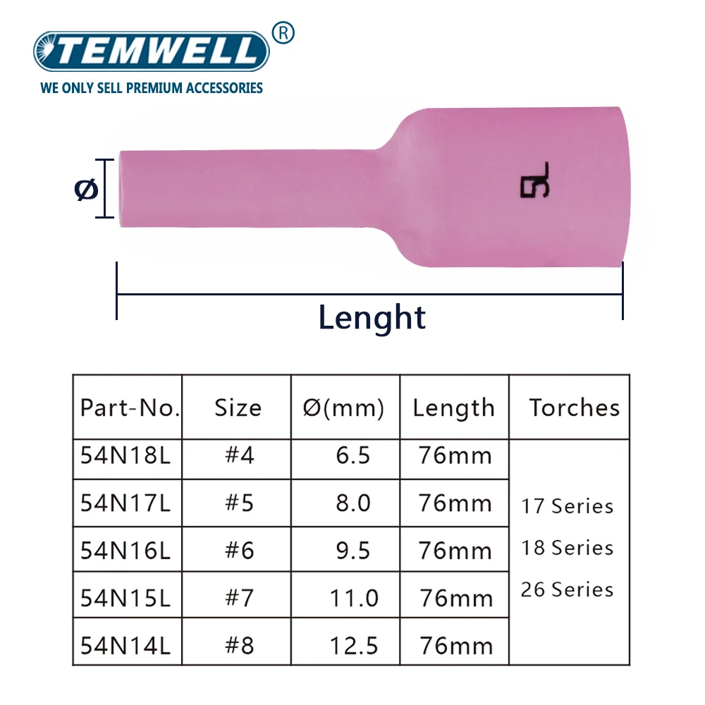 Imagem -05 - Bicos de Alumina para Tig Acessórios da Tocha da Soldadura 76 mm 54n14l 54n15l 54n16l 54n17l 54n18l Wp17 18 26 10 Peças pela Caixa