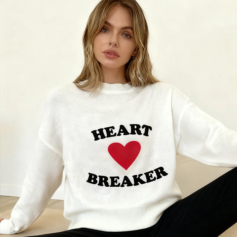 Y2k Letter Pattern Print Knitted Sweater Women's Casual Round Neck Short Pullover 2025 Female Daily Street Sweaters Autumn