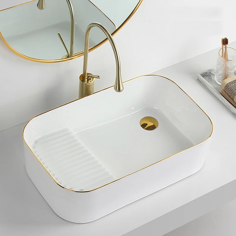 

Bathroom Sinks Ceramic Washbasin Gold Edge Luxury Countertop Art Basin Balcony Sample Sink Washroom Laundry Tub With Washboard