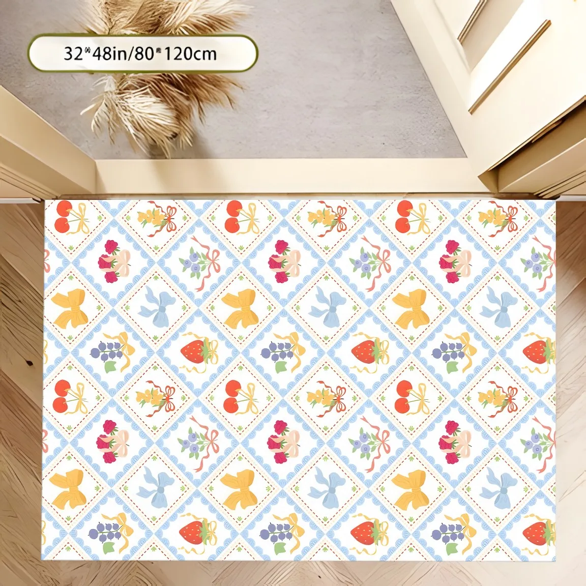 French Diamond Pattern Fruit Bow Print Rug Soft Velvet Area Carpet Living Room Bedroom Decor