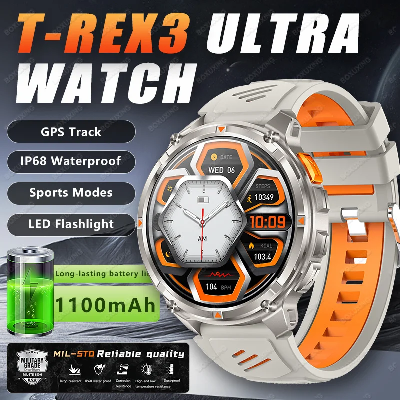 

Мужские спортивные смарт-часы 2026 с GPS, AMOLED-экраном 360*360, пульсометром, фонариком, компасом, Bluetooth-звонками, водонепроницаемостью IP68