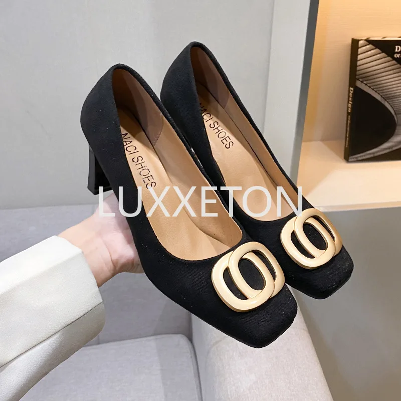 Women High Heeled Sandals Spring and Autumn New Suede Square Toe Thick Heel Commuting Work Metal Buckle Retro Fashion Shoes