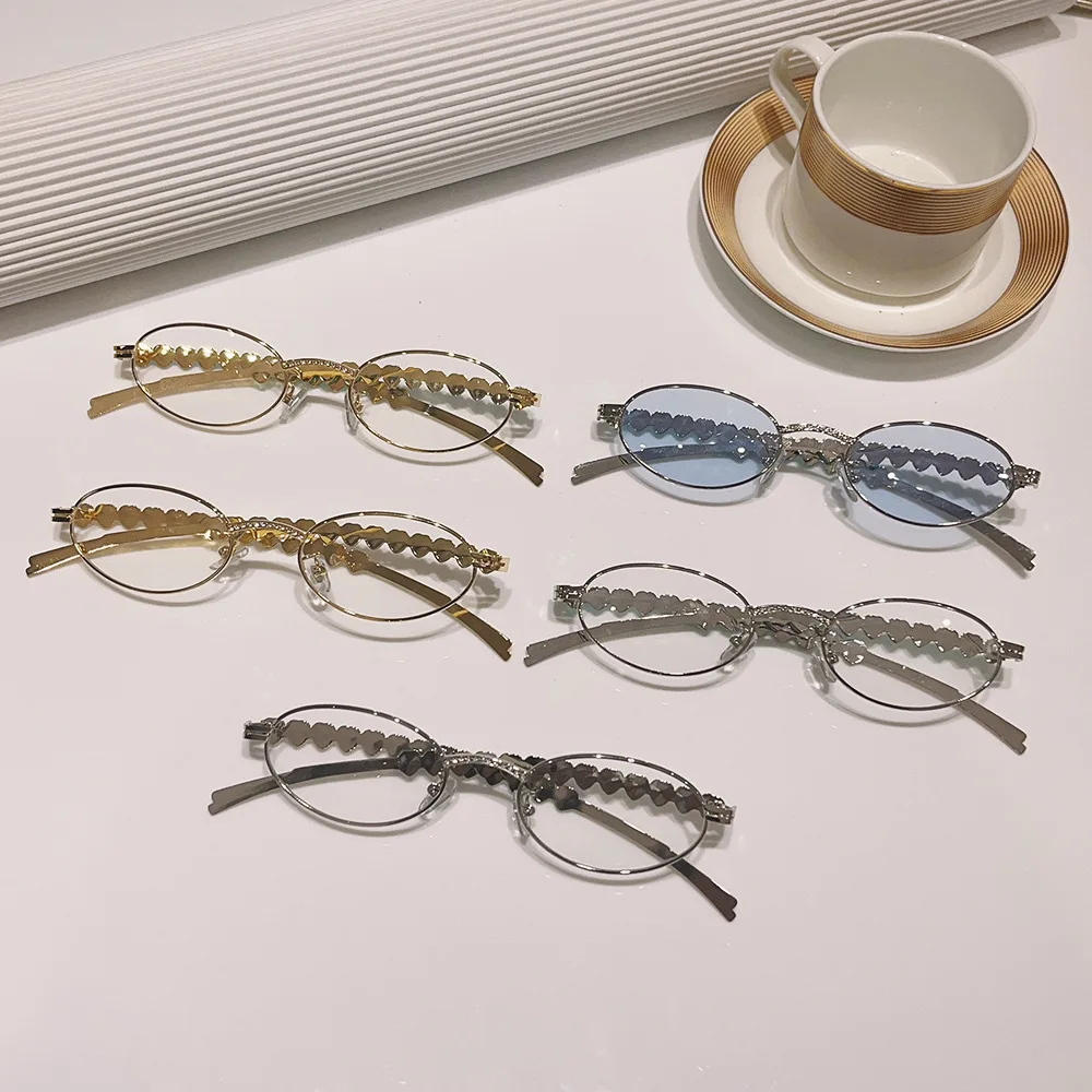 نظارات بيضاوية بإطار صغير، تصميم حافة كاملة من حجر الراين والدانتيل للحماية من الضوء الأزرق، طراز قديم خفيف الوزن
