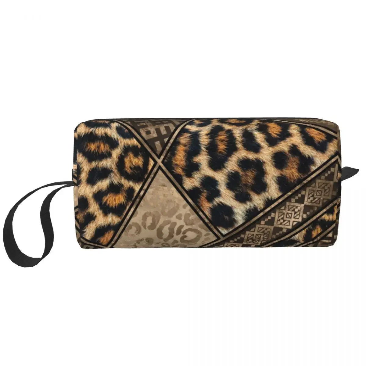 Leopard Fur Ethnic Tribal Ornaments Travel Cosmetic Bag Leather Texture Toiletry Makeup Organizer Lady Beauty Storage Dopp Kit