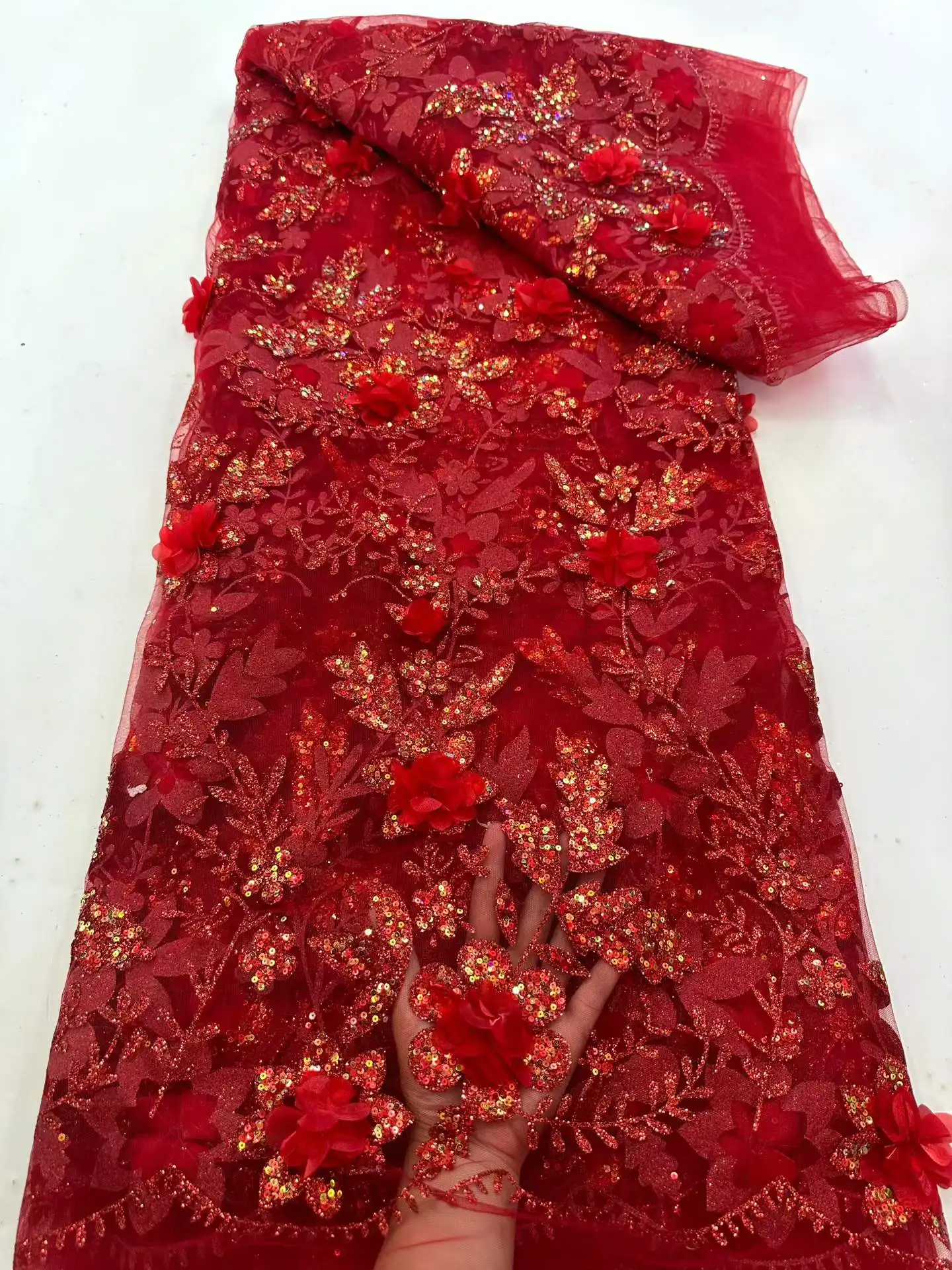 African Lace Fabric Embroidered Sequined Nigerian Lace Fabrics 3D flowers 2026 High Quality French Tulle Lace Fabric For Dress view 5