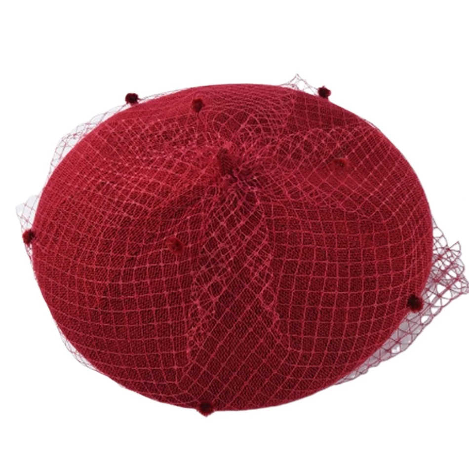 

Burgundy Beret Women Mesh Camel Painter Cap Female Vintage Hats with Veil Elegant Summer Ladies Soft French Artist Hat Beret