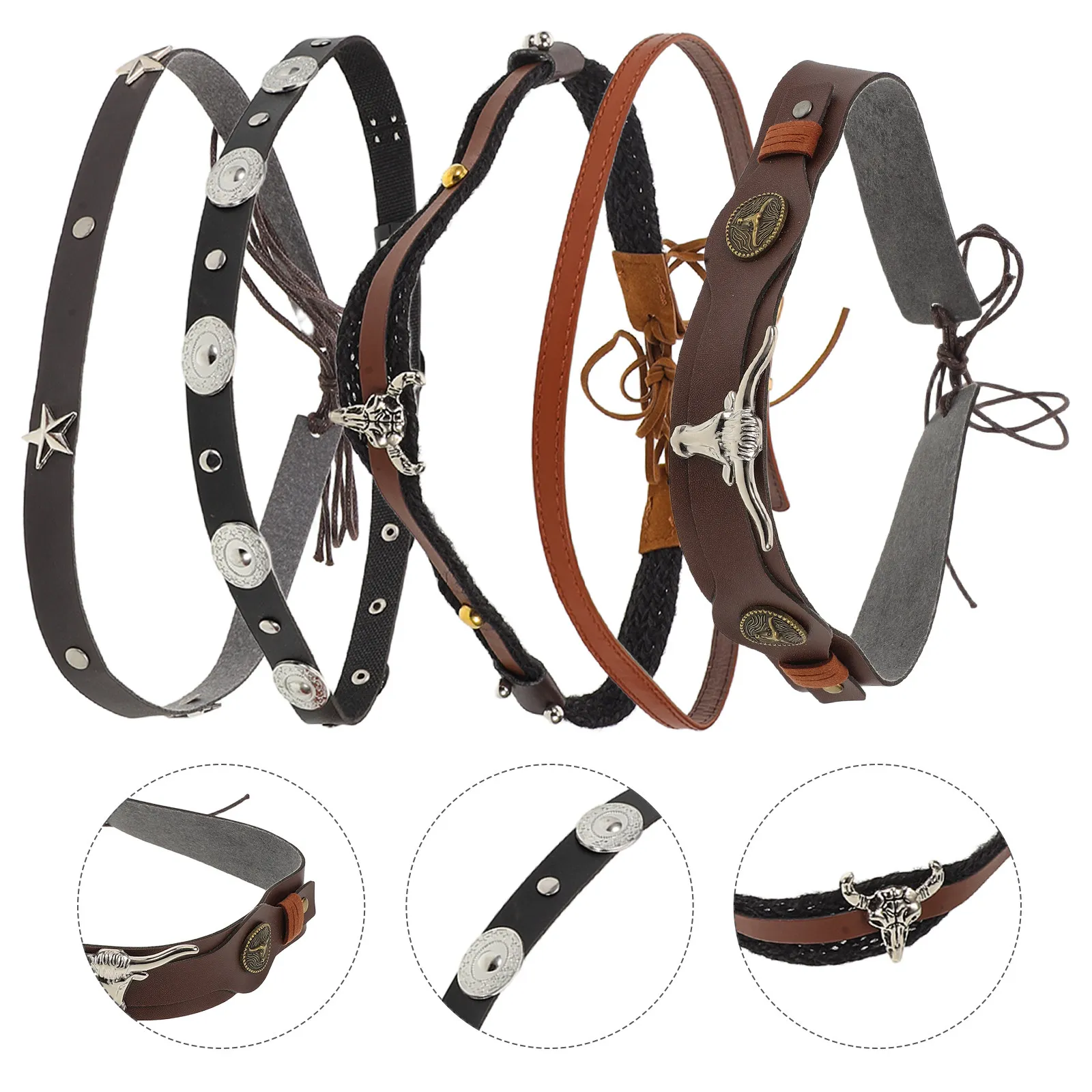 5 Piezas de Bandas Ajustables para Sombreros Vaqueros, Estilo Étnico Vintage, Correa de Amarre para Sombreros Fedora de Paja, Accesorios para Sombreros Vaqueros del Oeste