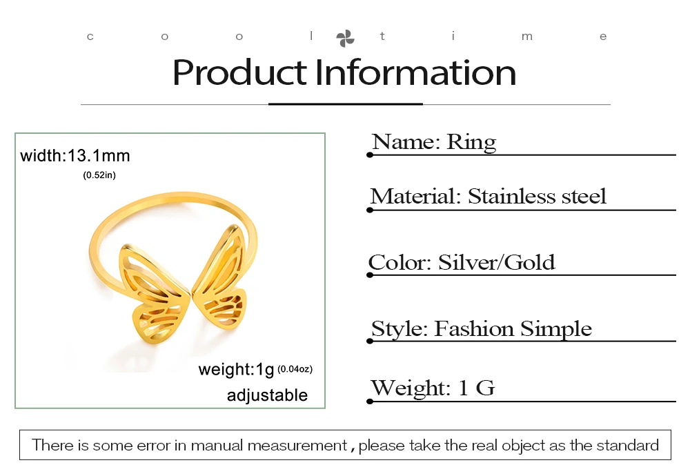 Cooltime Edelstahl Schmetterlings ringe für Frauen Mädchen Mode niedlichen verstellbaren Ring Schmuck Geschenk neu in – Detail 2