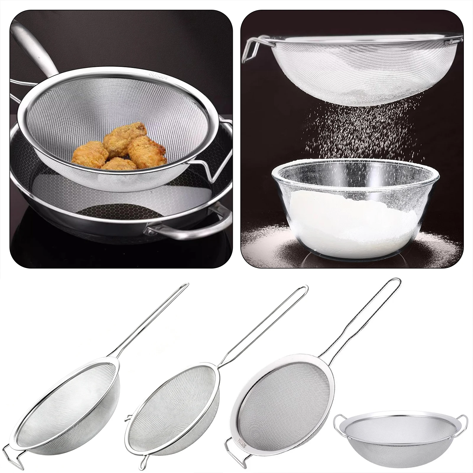 Coladores de malla fina de acero inoxidable, tamiz de harina multiusos con mango, perfecto para té, harina, huevo, herramienta de cocina