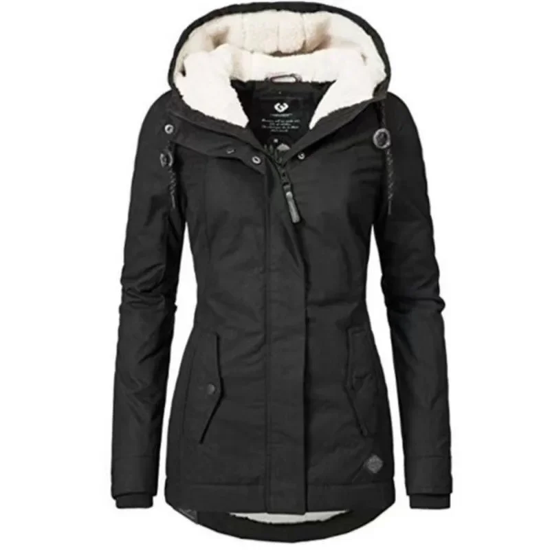 Parkas femininas com capuz quente, casacos grossos de pelúcia, jaqueta de algodão média longa feminina, outwear de inverno, novo, 2022