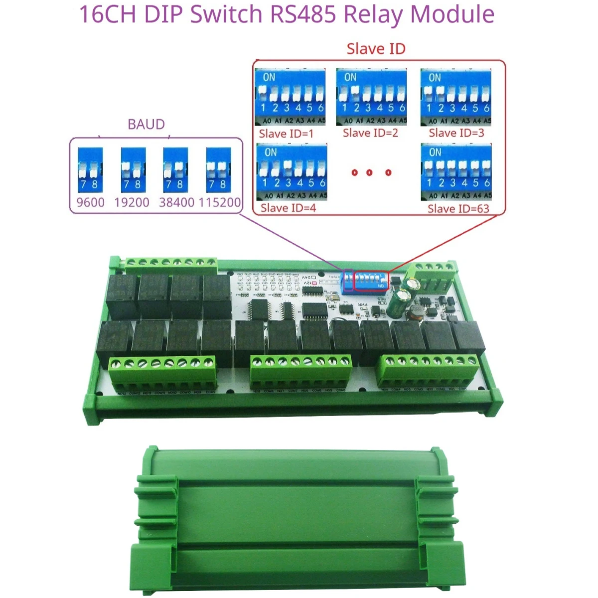 RS485 Relay Module Momentary Self-locking Interlock Delay Modbus UART COM PC HIM PLC IO Expansion Board 16CH DC 12V 24V