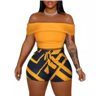 Summer Two Piece Sets Womens Outifits Fashion Off Shoulder Crop Top and Geometric Print Shorts Set Women Tracksuit Clothes