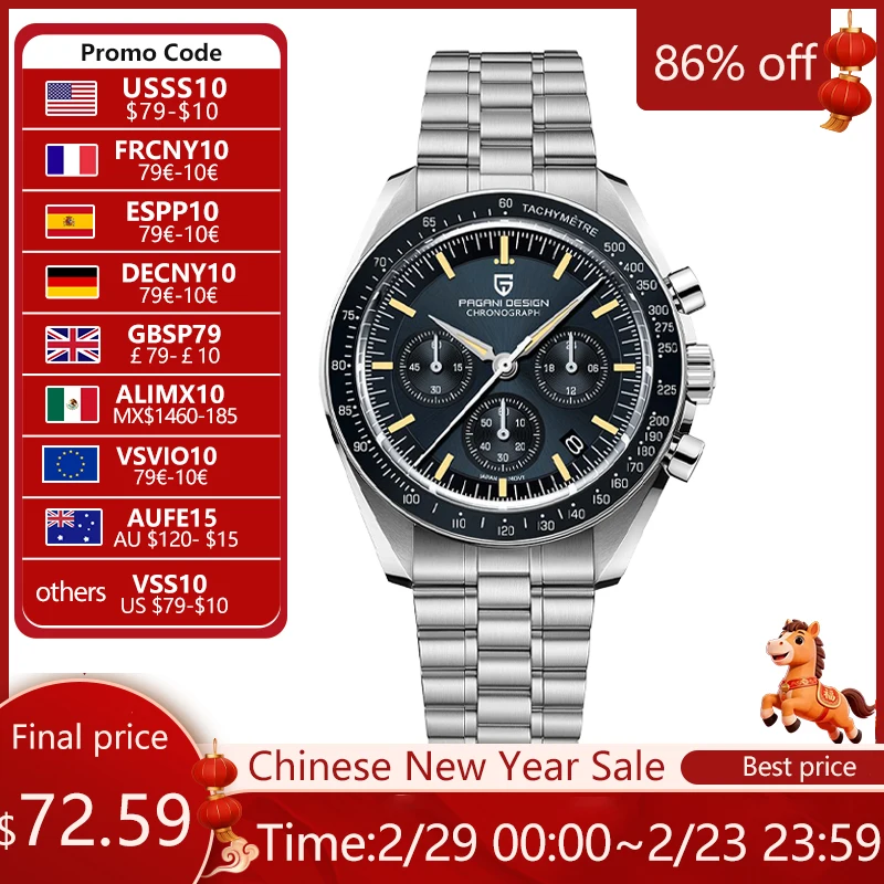 

Новинка 2024, PAGANI DESIGN Tribute to CK2998, лунные часы, роскошные кварцевые часы в стиле ретро для мужчин, спортивный хронограф из нержавеющей стали, мужской