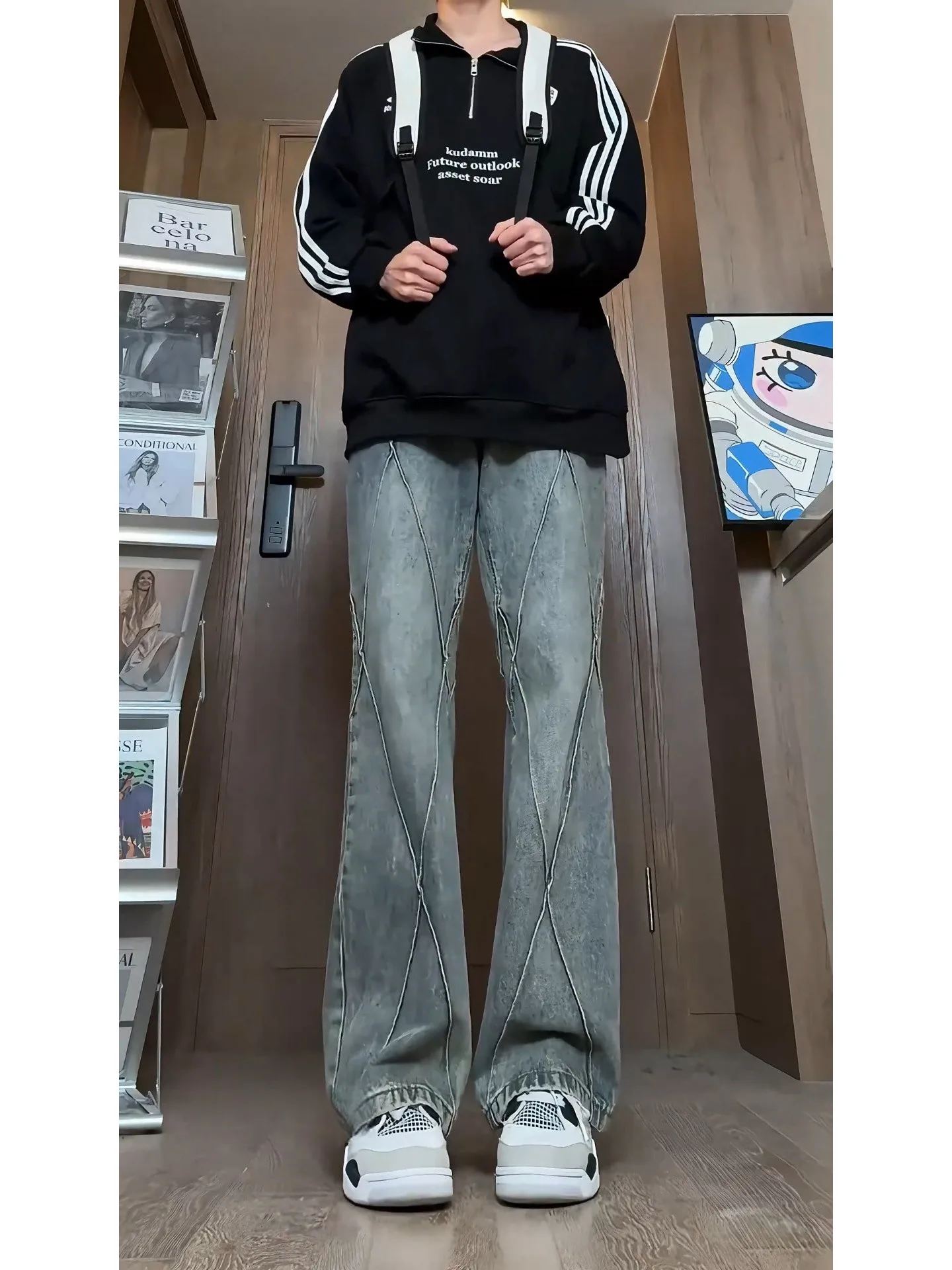 

Мужские джинсы прямого кроя из выцветшего синего денима в стиле ретро, осенне-зимние, американские, винтажные, стильные, длинные брюки