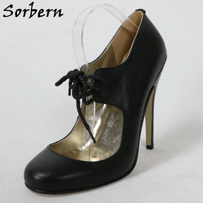 Sorbern Vintage Round Toe Women Pumps Mary Jane Real Leather Lace Up 16Cm Stilettos High Heel Fetish Sisy Boy Shoe Custom