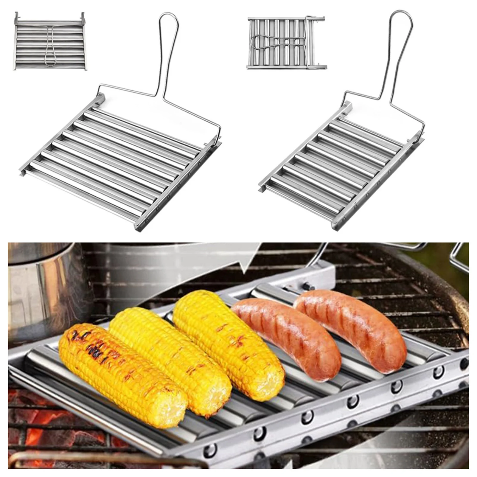 

Sausage Roller Rack with Handle Barbecue Sausage Grilling Rack Roller BBQ Picnic Camping Hot Dog Grill Pan Home Kitchen BBQ Tool