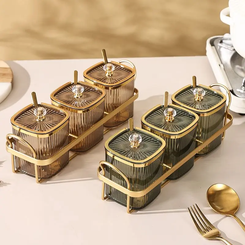 Creative Transparent Stripe Kitchen Spice Jar Spice Chili Jar Gold Plated Sugar Jar Grain Storage Container Set Kitchen Utensils