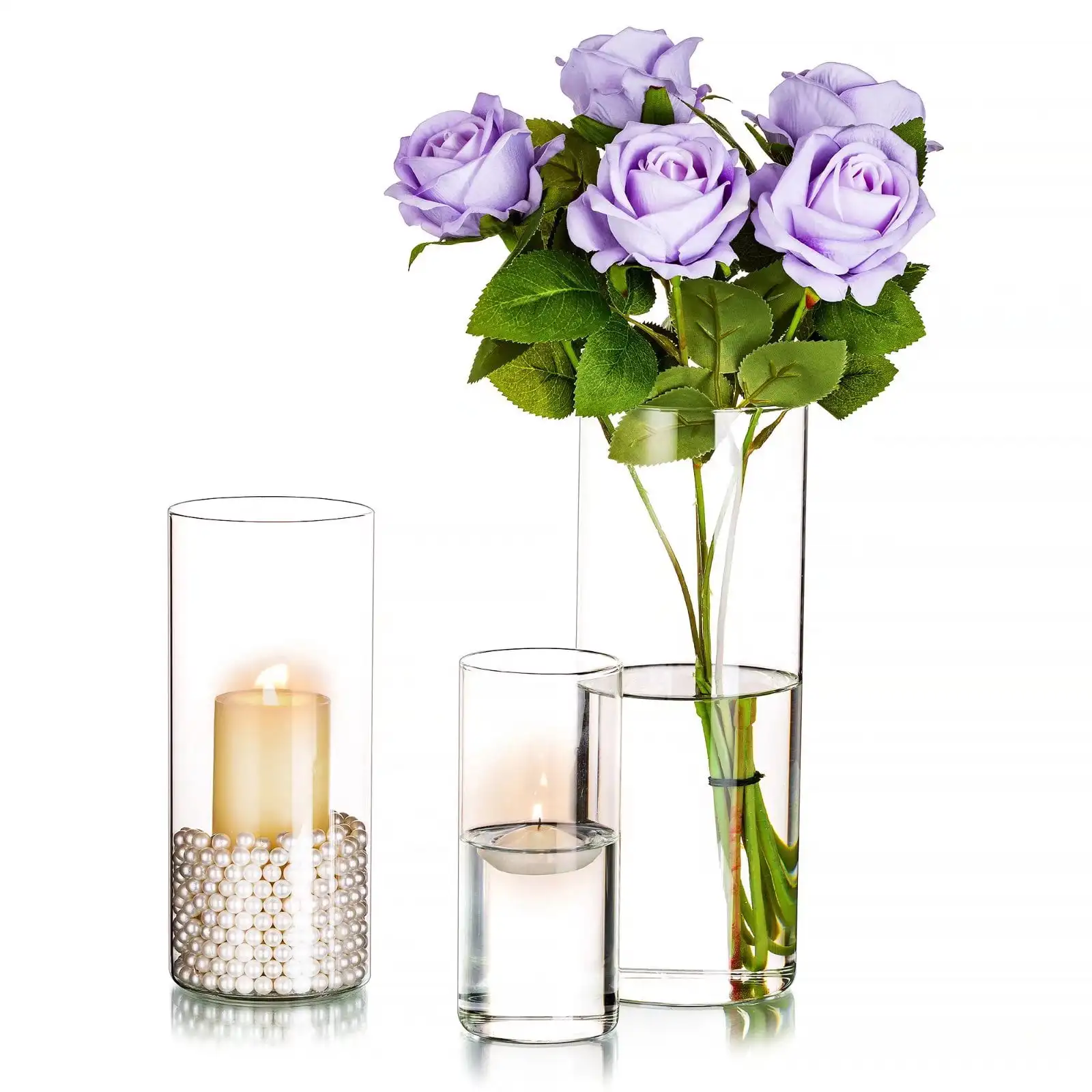 

Decoration Clear Glass Cylinder Vases Set of 3 Flower Vase for Wedding Table Centerpieces 6" 7.8" & 10"H glass hurricane vase