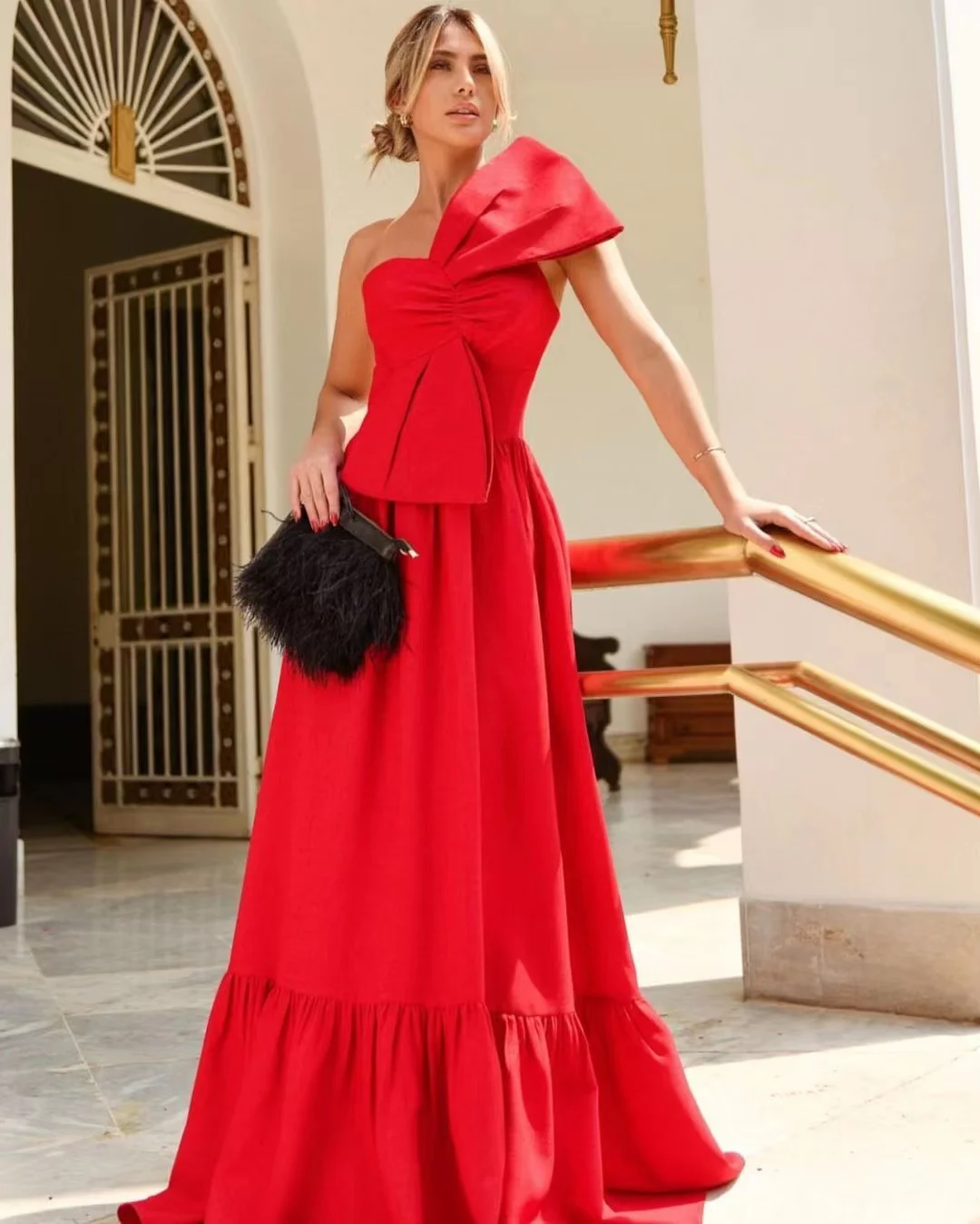 

Evening Dress Festival Red Prom Dresses Bow Sweetheart Formal Evening Party Dress for Women Long Ruched A Line Robe De Soiree