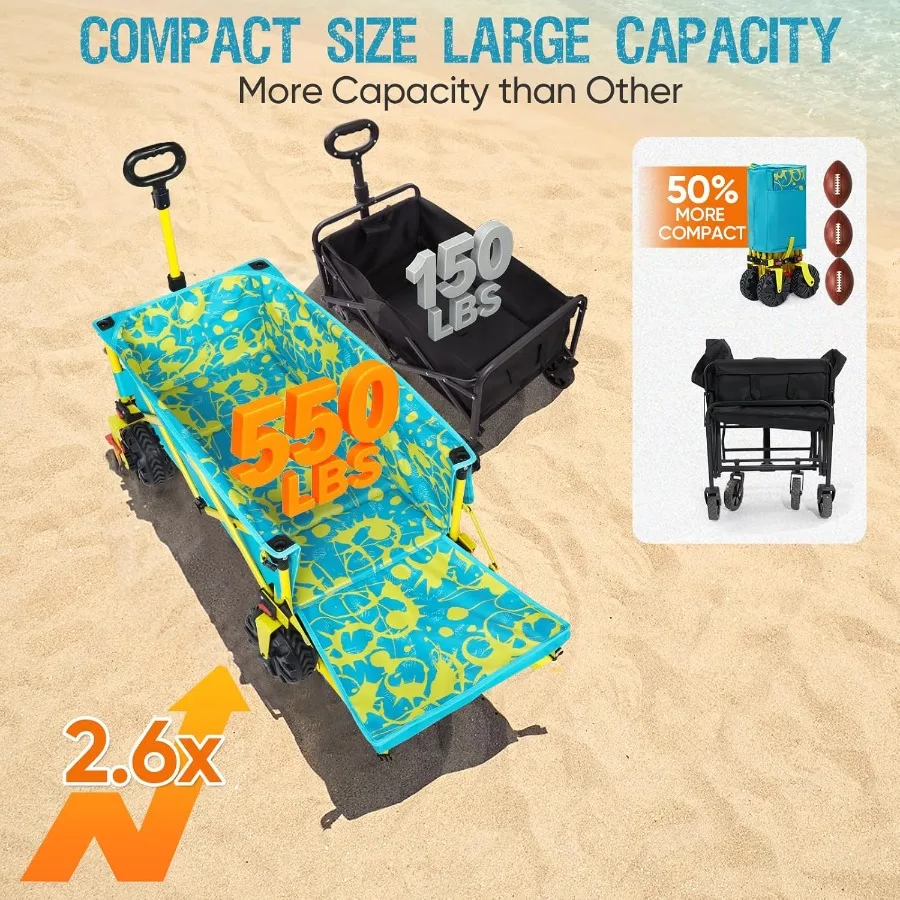 รถเข็นชายหาดขนาดใหญ่พิเศษ 49 ลิตร พร้อมฝาปิดท้าย ล้อใหญ่มีเบรกสำหรับทราย รถเข็นอเนกประสงค์แบบพับได้ รถเข็นชายหาดแบบพับได้สำหรับงานหนัก