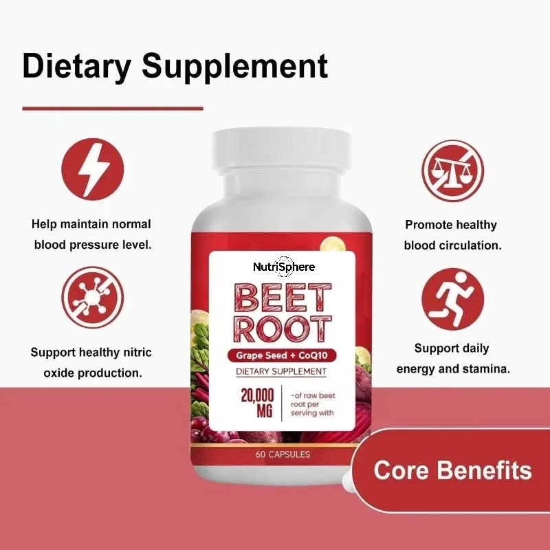 Beetroot Capsules 20000mg Containing Grape Seeds and Coenzyme Q10- Blood Circulation Health Support