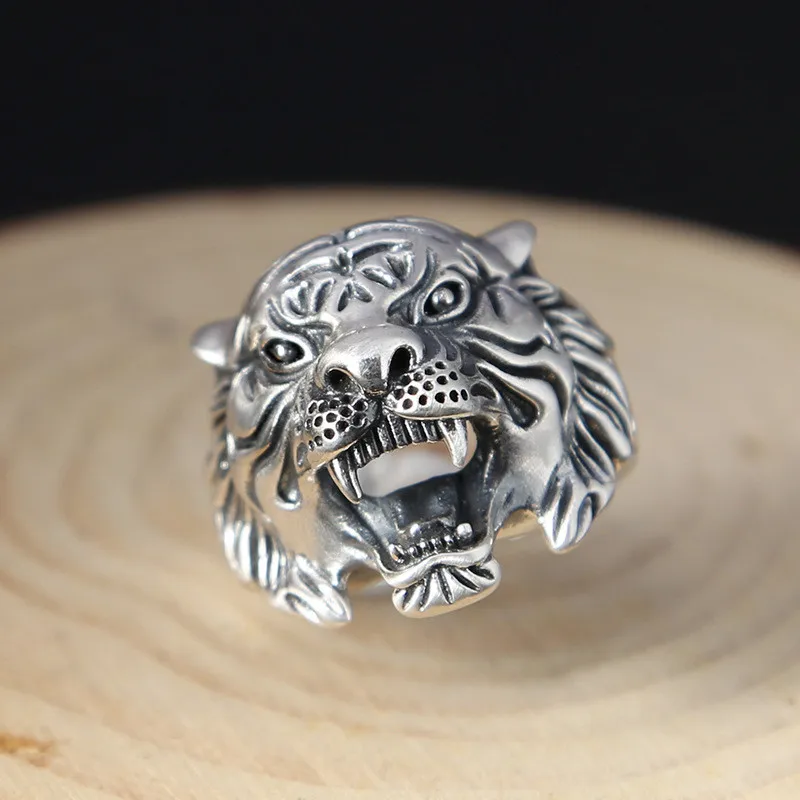 Overbearing 925 Sterling Silver Punk Vintage Thai Silver Men Ring Lion Tiger Fine Jewelry High Quality Men\'s Ring LR255