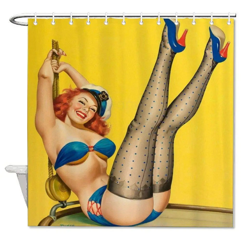 

Bath Curtain Va Va Voom,Vintage Sexy Ladies,Pin Up Girls Shower Curtain with Hooks for Bathroom Decor 60" X 72"