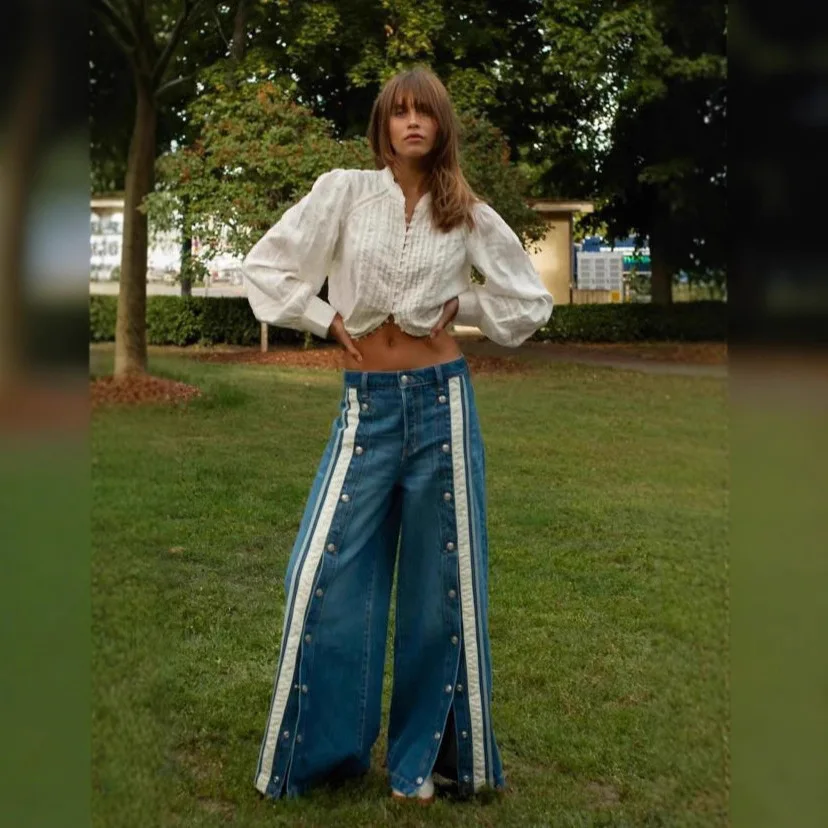 Pants Denim Pant Women Striped Patchwork Jeans Vintage Loose Mid Waist Straight Trousers Y2k Streetwear Work Casual Buttons 2026