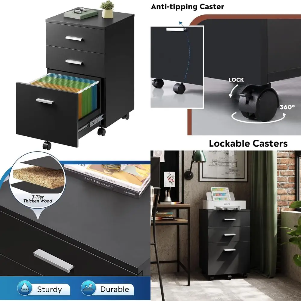 

Black Rolling 3-Drawer Wood File Cabinet for Letter/A4, Home Office Printer Stand