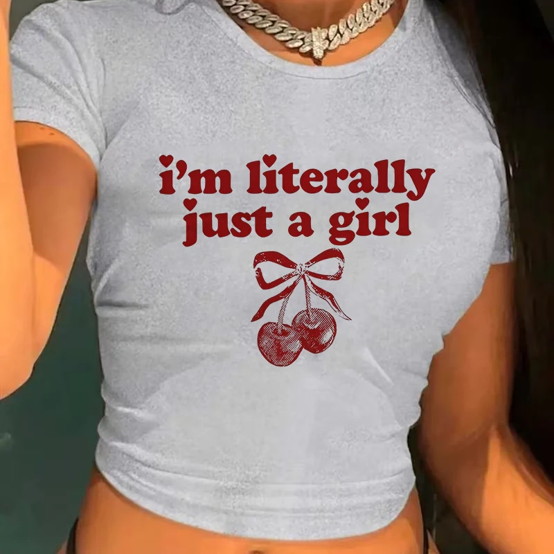 Just A Girl Crop Top mit süßem Kirsch-Schleifen-Design-Print, sexy Rundhalsausschnitt, Kurzarm-Cropped-T-Shirt, Damen Y2K T-Shirt Kleidung