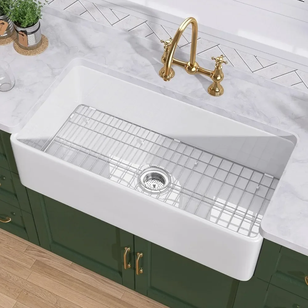 33 Inch Kitchen Sink With Custom Bottom Grid & Strainer Drain, Fireclay Single Bowl Farmhouse Sinks